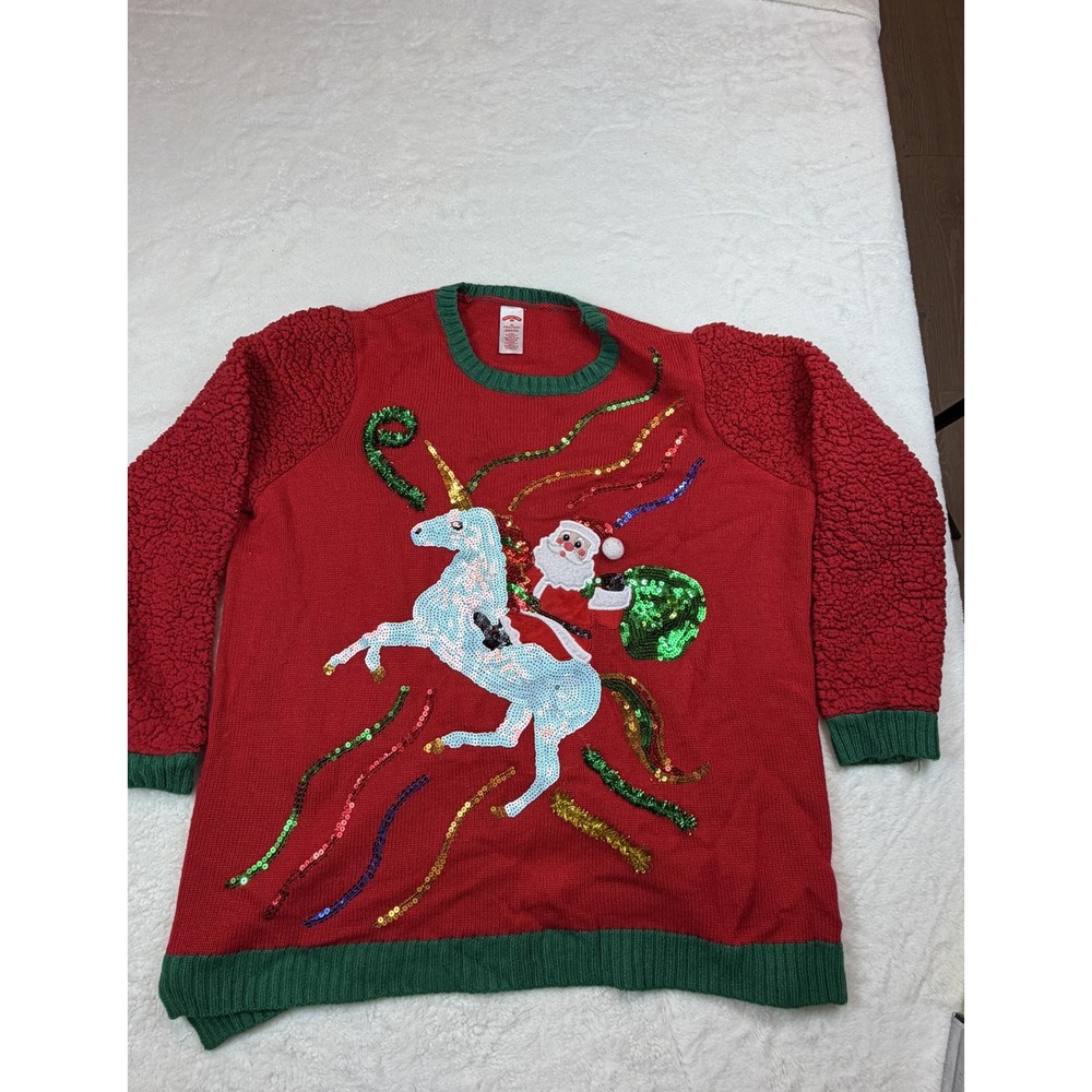 Holiday Time Womens Plus 1X Red Santa Unicorn Sequin Ugly Christmas Sweater